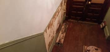 Removal of hydronic iron radiator Removal of hydronic iron radiator in apart mentioned building. Repair work. Wall finishing. Floor repair