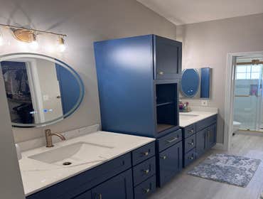 Clayton Bathroom Remodel Full bathroom remodel, including walk in shower, glass door, bench, niche, shower faucet, two vanities, two mirrors, lights, f