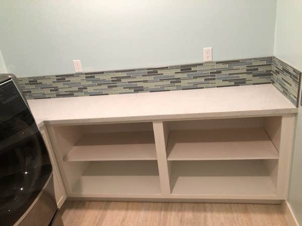 Laundry room shelves, paint, backsplash