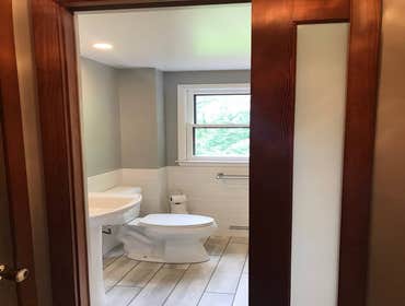 Custom Bathroom Remodel 1 Removed old fiberglass tub and surround. Install custom tile shower with glass. Install tile flooring. Custom linen closet wi