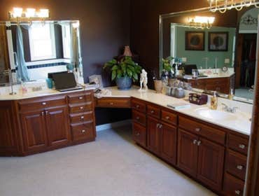 Satterly Project Complete bathroom remodel -- replaced cabinets, put in new tile to replace carpet, installed new four-jet shower, copper-clad sinks an