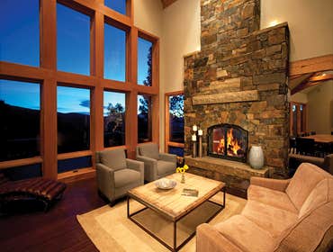 Vlasimsky Random ashlar Dry Stack on Double Sided Custom Designed and Built Smoke-less 45 foot tall Fireplace. Fireplace Designed and Built from the g