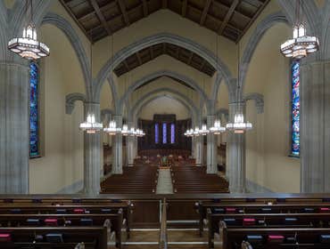 Centenary United Methodist Church Renovation of the sanctuary and auditorium. Improving the acoustics required scaffolding to remove the sound absorben