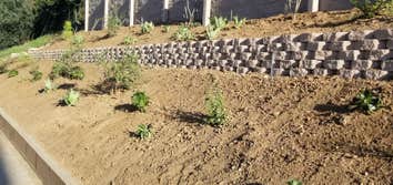 Landscaping renovation on slope 2 sections with retaining wall block in the middle.