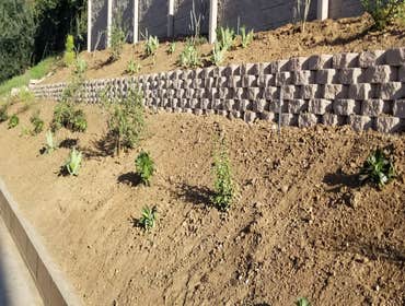 Landscaping renovation on slope 2 sections with retaining wall block in the middle.