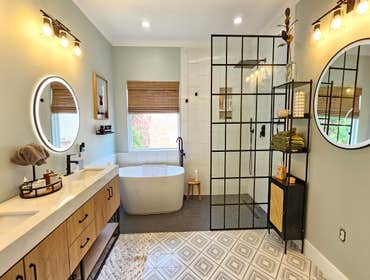 Photos by Trublue of Allen #36 Mckinney TX - Full master bathroom remodeling: New curbless shower, glass panel with black mash, freestanding tub, float