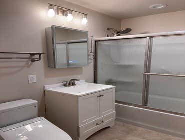 Bathroom Remodel - Stanhope, NJ Here's a full bathroom remodel we completed in Stanhope, NJ. The bathroom had significant water damage and outdated fin
