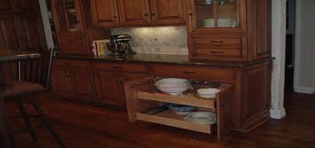 Stained Glazed Cherry Custom Kitchen With Maple Interiors Floor Plan change with Bearing Wall Removal and 100 Lineal ft. Stained Glazed Cherry Custom K