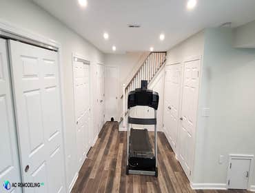 Beautiful Full Basement Makeover We gutted down the entire basement to install drywall, we removed a wall to create an open space, added recessed light