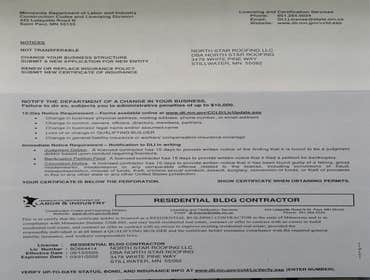 NORTH STAR ROOFING LICENSE