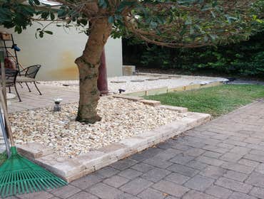 BACKYARD HARDSCAPE/GAZEBO/OUTDOOR KITCHEN ADDITION Outdoor kitchen/fire pit, gazebo, retaining feature, and architectural hardscape beds with rock