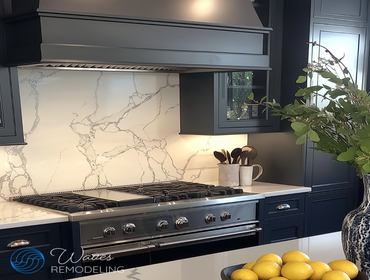 Bold. Elegant. Timeless. This stunning kitchen design features rich black cabinetry paired with striking marble accents, creating the perfect balance o