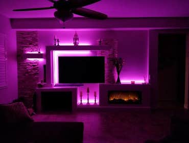 Accent Mood Lighting Changeable accent mood lighting in a family room.