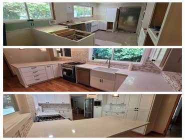Kitchen remodel and flooring. New cabinets, Kitchen appliances, Trim, countertop, Tile Backsplash, Plumbing, Windows, Slider, flooring, Paint.