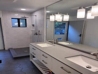 Berkeley Bathroom Remodel Custom shower, new light, painting, ceiling vent, floor tiles, new outlets & vanity.