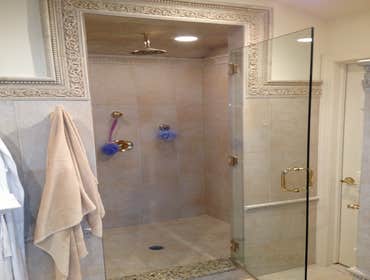 MASTER BATH #1 -Shower with rain head, hand held shower head by seat and wall jets
-9 foot, double sink vanity
-Large whirlpool with accent lighting