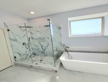 Photos by Trublue House Care of Allen #21 Full master bath remodeling. New bigger shower, freestanding tub, frameless panel glass, flooring, vanity, co