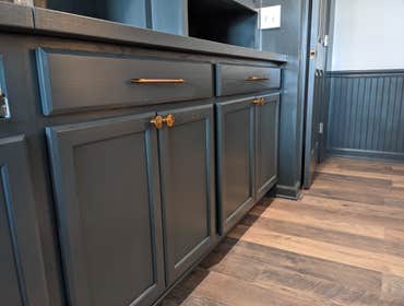 Spray Finished Built-in Office Bookshelf and Cabinets in Benjamin Moore Narragansett Green by Wescott Painting in Pittsburgh, PA. 2 of 3.