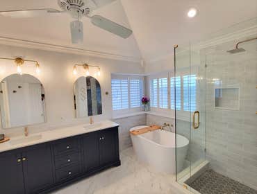 Photos by Trublue House Care of Allen #30 Full master bath remodeling. New bigger shower, freestanding tub, frameless panel glass, flooring, vanity, co