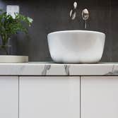 Torrance, CA - Bathroom Remodeling One of our amazing projects, beautiful bathroom remodeling.
White and grey mosaic herringbone tile, grey wall and gr