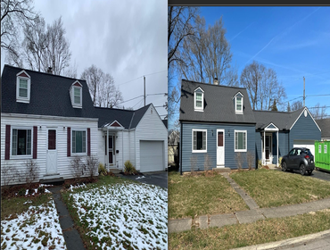 Photos by 614 Exteriors, LLC #11 Remove off old siding and gutters. Installed new CertainTeed Harbour Blue, fascia wrapping and black gutters.
