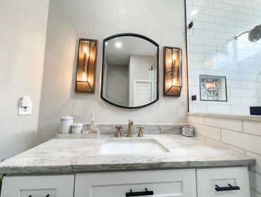 Custom Shaker bathroom vanity with quartzite tops