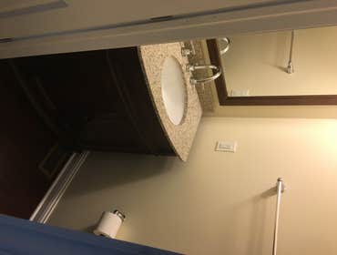 Bathroom Remodel Project Date: Aug 2016
Details: A bathroom renovation that consists of new flooring, toilet, marble sink, glass, paint, shelves, pl