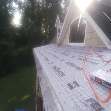 Photos by A-earlybirds #1 Remove existing roof, replacing with newly installed asphalt shingles.. Tieng the newly installed roof nack into the existing
