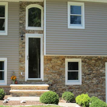 Stairs: stone-face siding Using brick or stone outside the home is in high demand these days. Also the type of stone/brick and finish that is chosen p