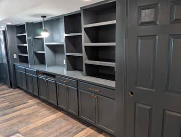 Spray Finished Built-in Office Bookshelf and Cabinets in Benjamin Moore Narragansett Green by Wescott Painting in Pittsburgh, PA. 1 of 3.