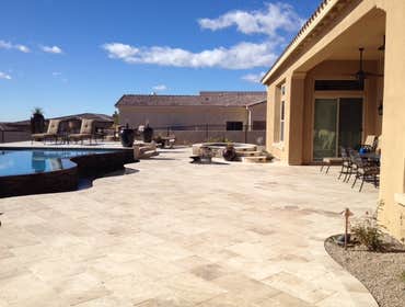 Reverse negative edge Travertine deck, spa, reverse negative edge play pool,