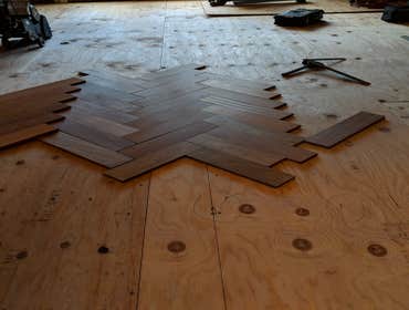 Custom Herringbone Hardwood Floor Installation, Brazilian Cherry Wood