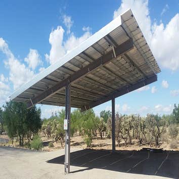 Foard project A 14.25 KW Solar Photovoltaic shade structure consisting of 57 SolarWorld SW250 modules.