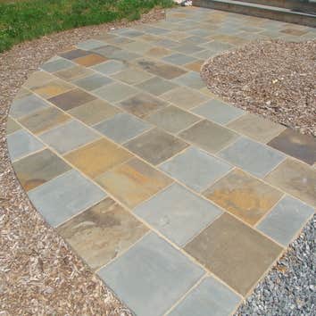 Walkways Curved walkway laid in bluestone.