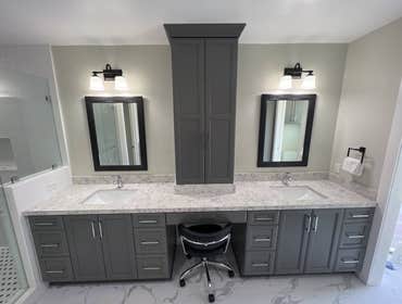 Complete Master bathroom remodeling + Custom cabinetry work New bathroom remodeling with custom cabinetry / Vanity work.
New wall with pocket door to s