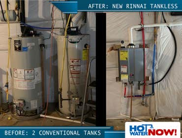 One tankless water heater replaces 2 conventional tanks
