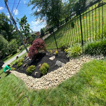 Photos by Madlandscape #1 Bear dirt turned into a nice mulch bed with rocks, all around and some flowers to give it some color beautiful bed with trees