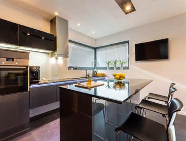 Elegant kitchen interior with LED kitchen cabinets