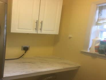 NEW CABINET AND DROP COUNTER IN LAUNDRY, FOYER SEAT WITH LID