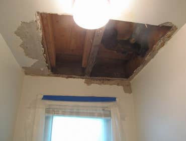 Bathroom Plaster Repair Repairing old lath and plaster in a small bathroom ceiling with new lime & plaster. Prime & paint bathroom ceiling and walls.