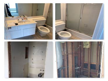 Lower-level guest bath demo Laguna Niguel before/after