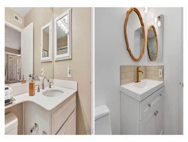 Photos by Golden Shore Design and Build #4 Like to like shower remodel
Marble stone on shower wall subway tile style.
On the bathroom floor, clay Span
