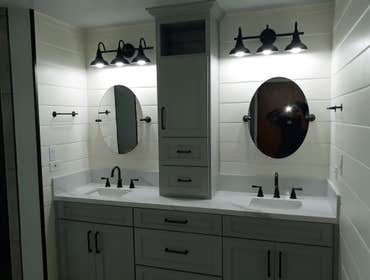 Photos by Ruben Garcia Dba Fast Track Construction #5 Make existing shower a walk in shower. With vanity, painted wood back splash. Relocation of close