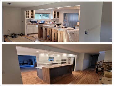 Kitchen remodel. New cabinets, Appliances, Double outtake Flush mount range vent, Open concept wall removal, Waterfall cabinet counter top. Granite cou