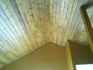 Ceiling Transformation This was a fun project. The customer wanted a wood ceiling so we finished an nice 5 1/2" tongue and groove siding stlyle poplar,