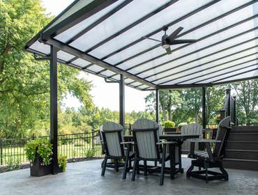 Bright Covers Patio Covers and Commercial Sun Canopies Blocks UV rays and heat, transmits natural light. Made of translucent panels and painted aluminu