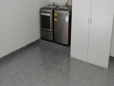 Photos by It's So Clean Polished Concrete Floor #1 GARAGE FLOOR RESTORATION AND RESIN EPOXY BROADCASTED WITH FLAKE CHIPS AND URETHANE CLEAR COAT.