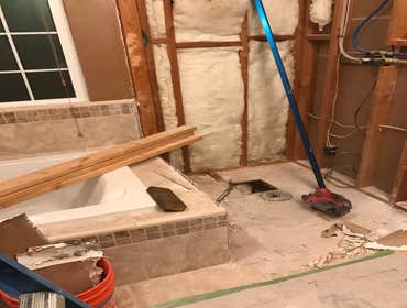 Photos by Griffin Tile & Marble Co #1 Master bath remodel. Remove PVC shower insert , remove separating wall , install new tile shower matching the til