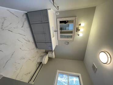 Before and After Master Bath Reno Bergen County Full full gut, raised soffits