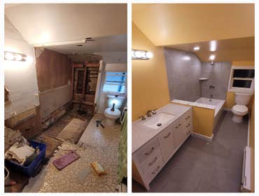 Photos by Dawson Remodeling #13 bathroom remodel, demo old existing bathroom, Repaired rot, Install flat wall drywall, New bathtub, new tile, new floor